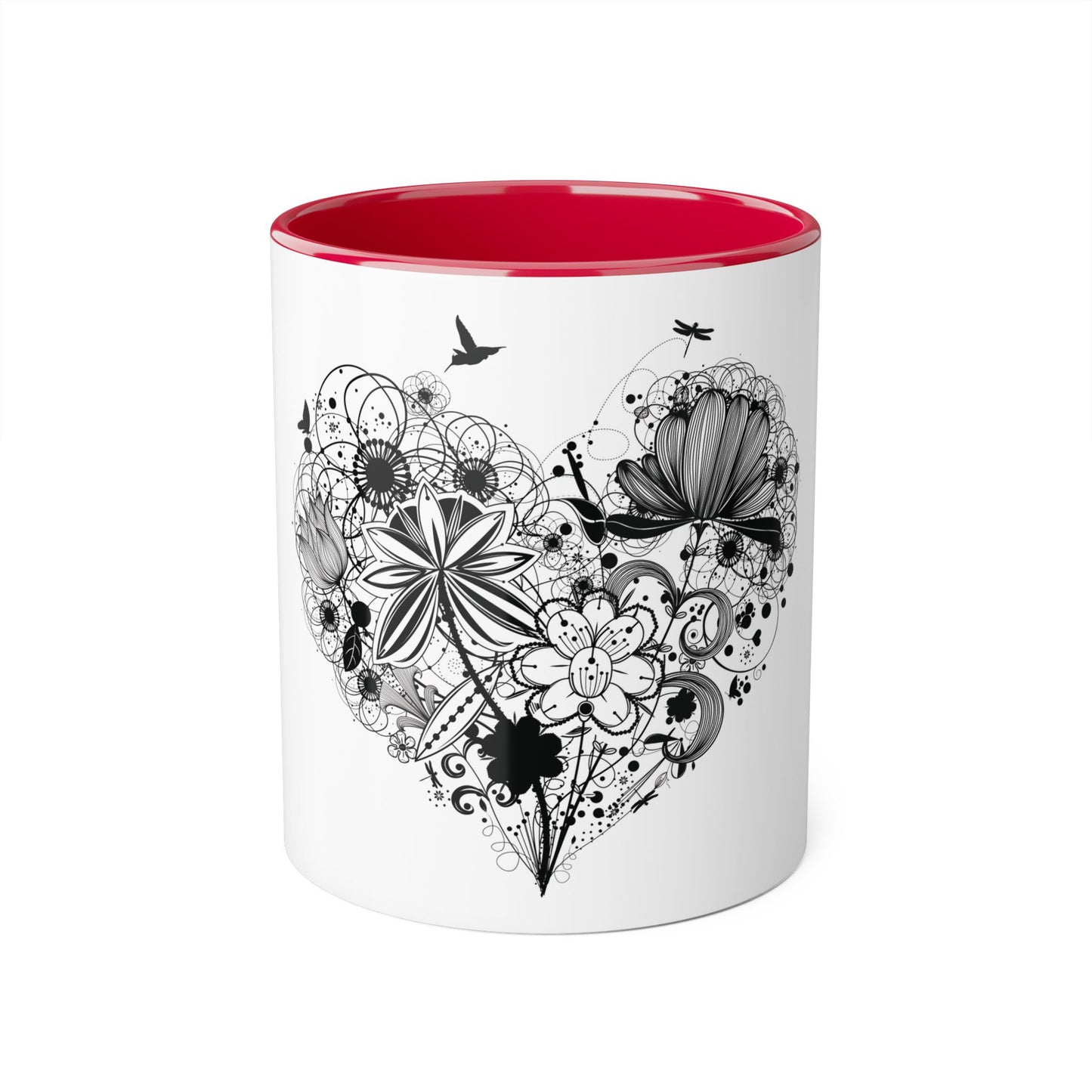 Floral Heart Accent Mug - 11oz Black Handle and Interior - Perfect Gift for Nature Lovers