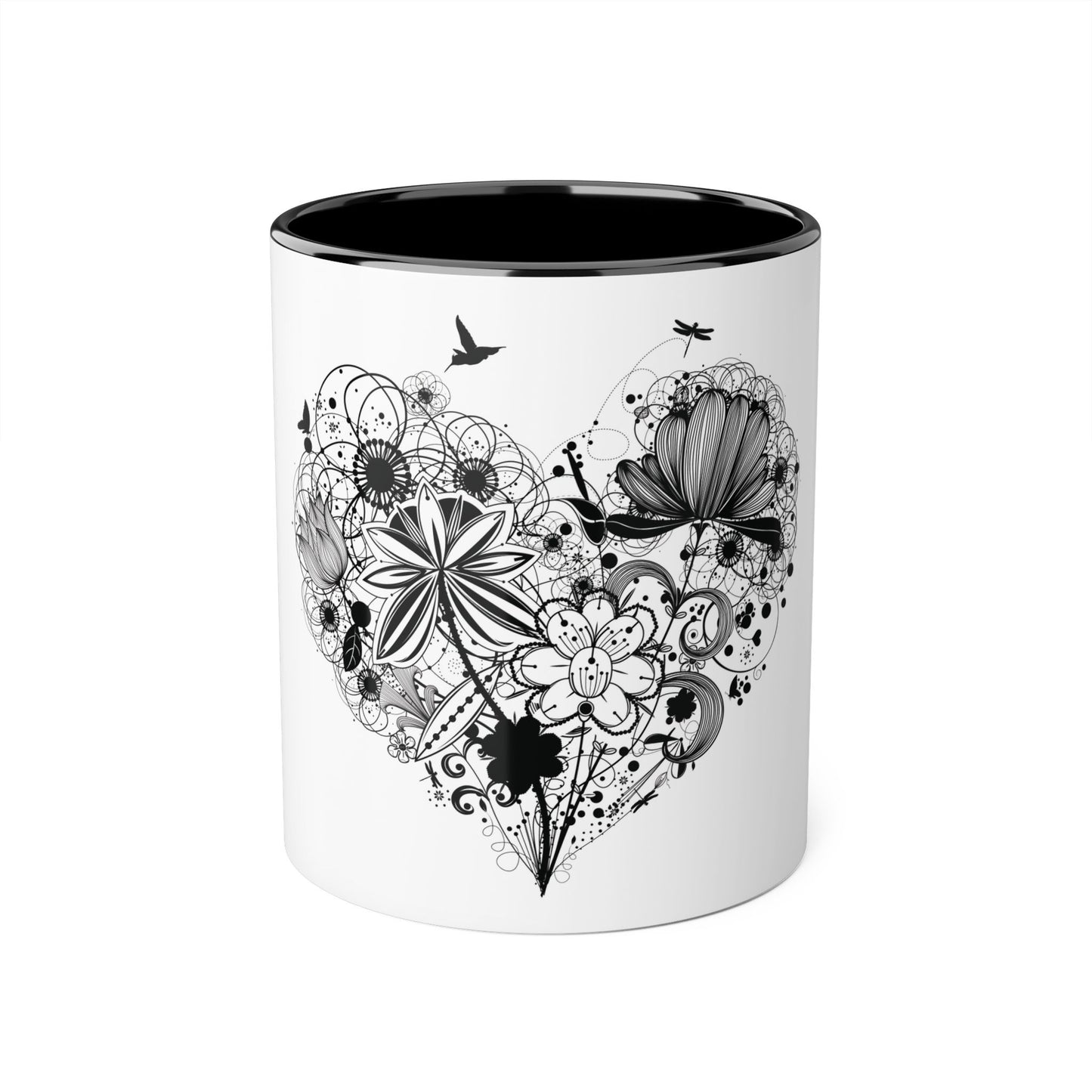 Floral Heart Accent Mug - 11oz Black Handle and Interior - Perfect Gift for Nature Lovers