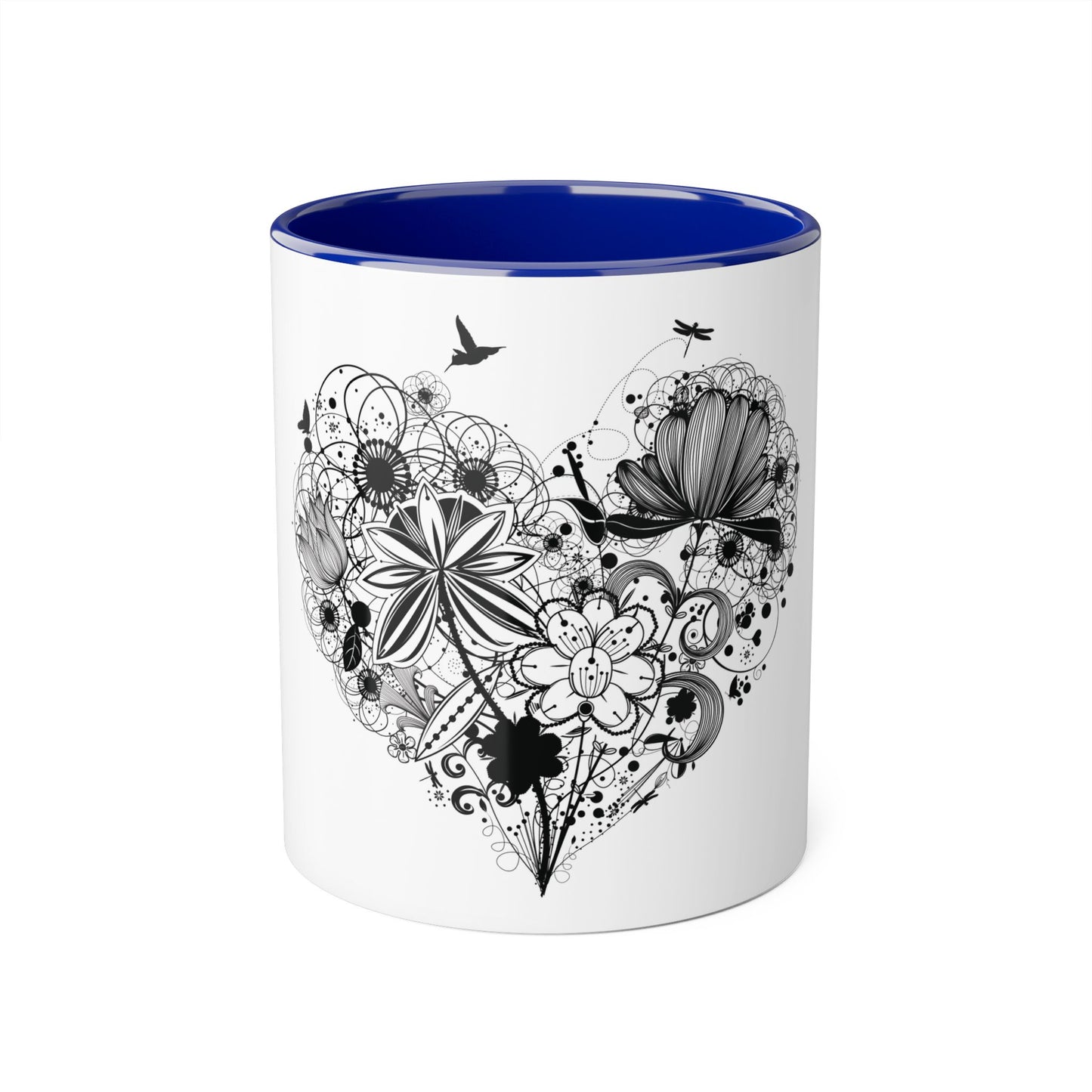 Floral Heart Accent Mug - 11oz Black Handle and Interior - Perfect Gift for Nature Lovers